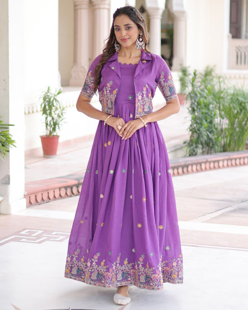 Purple Color Vichitra Silk Embroidered Gown
