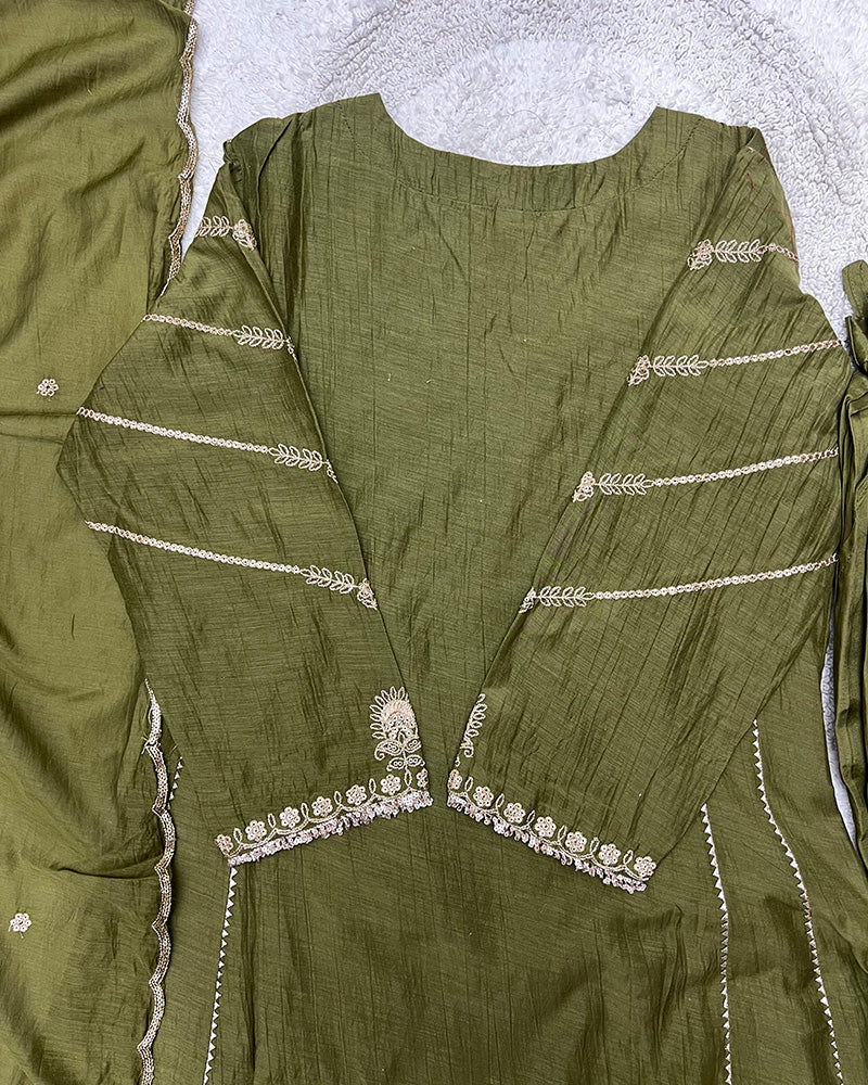 Mehndi Color Mal Cotton Three Piece Kurti Suit