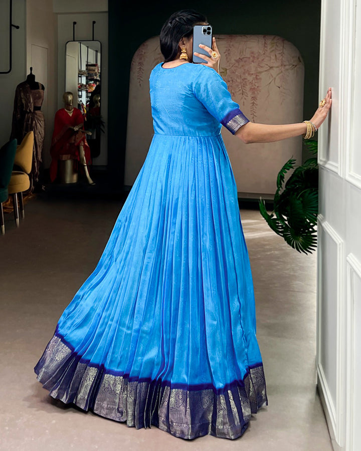 Blue Color Mass Mello Zari Weaving Gown