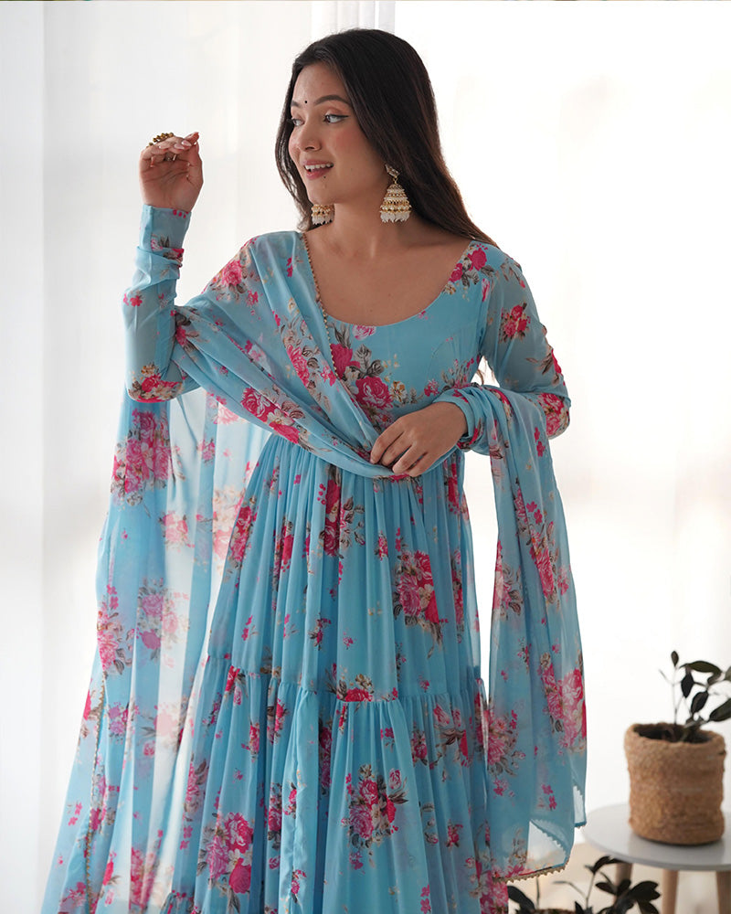 Sky Blue Color Georgette Three Layer Ruffle Style Anarkali Suit