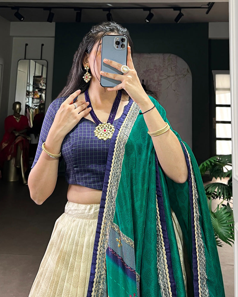 Navy Blue Color Tasar Silk Dye Printed Lehenga Choli