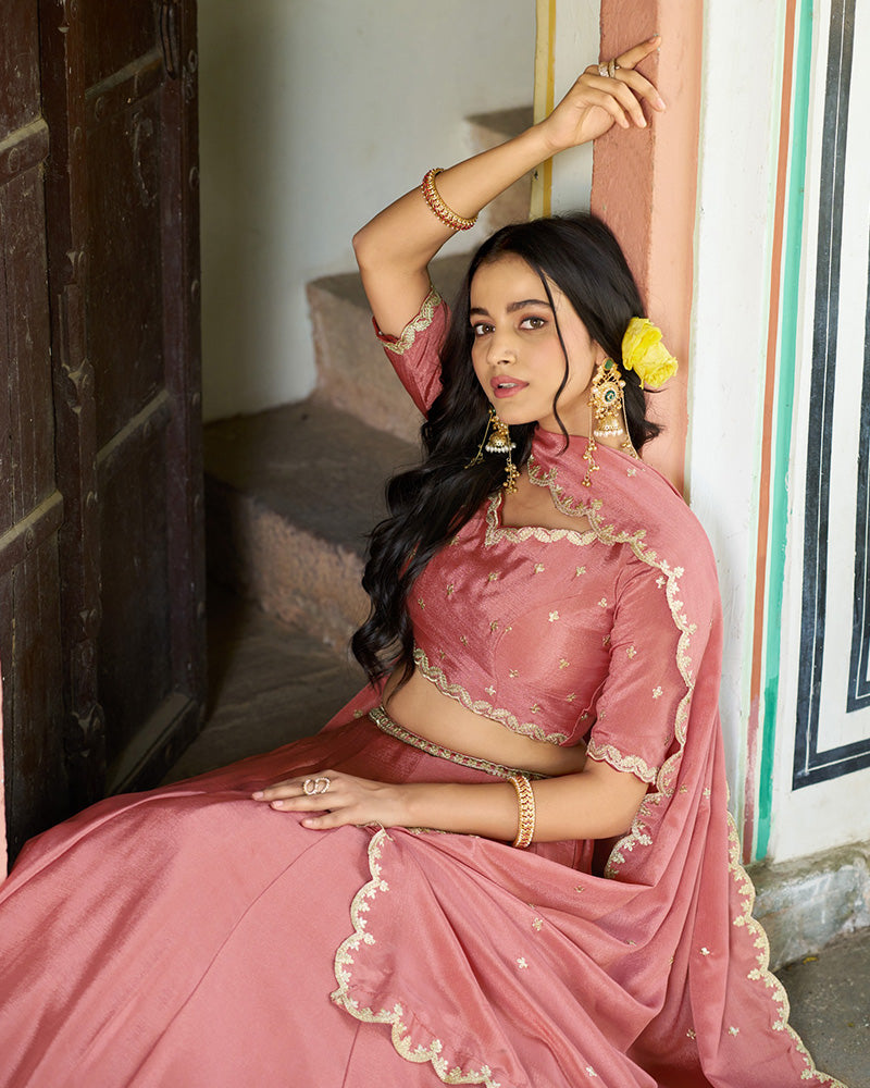 Designer Peach Color Chinon Embroidered Lehenga Choli