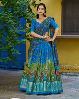 Firozi Color Tussar Silk Kalamkari Printed Lehenga Choli