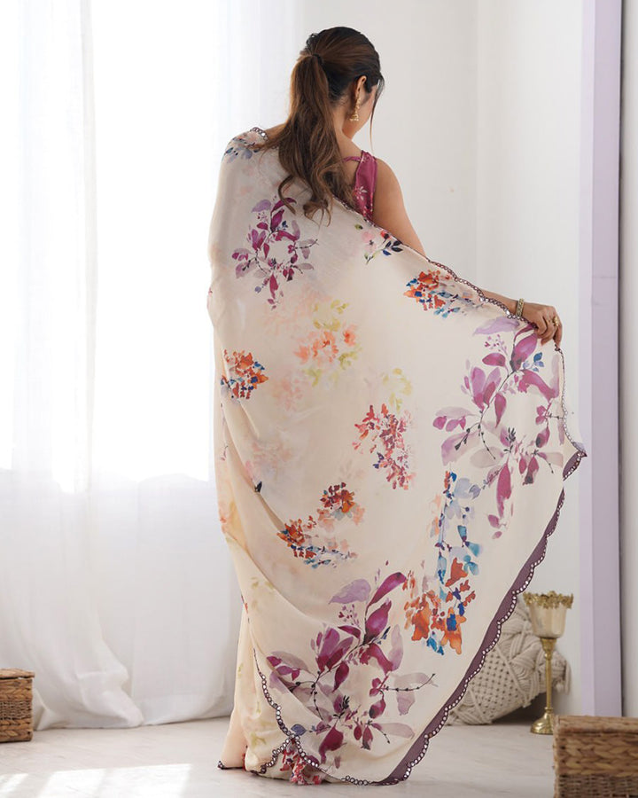 Cream Color Chinnon Silk Saree