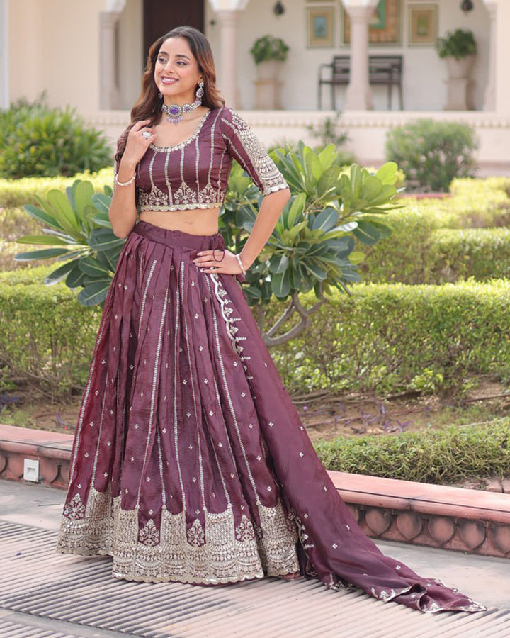 Deep Plum Color Gold Crush Embroidered Lehenga Choli