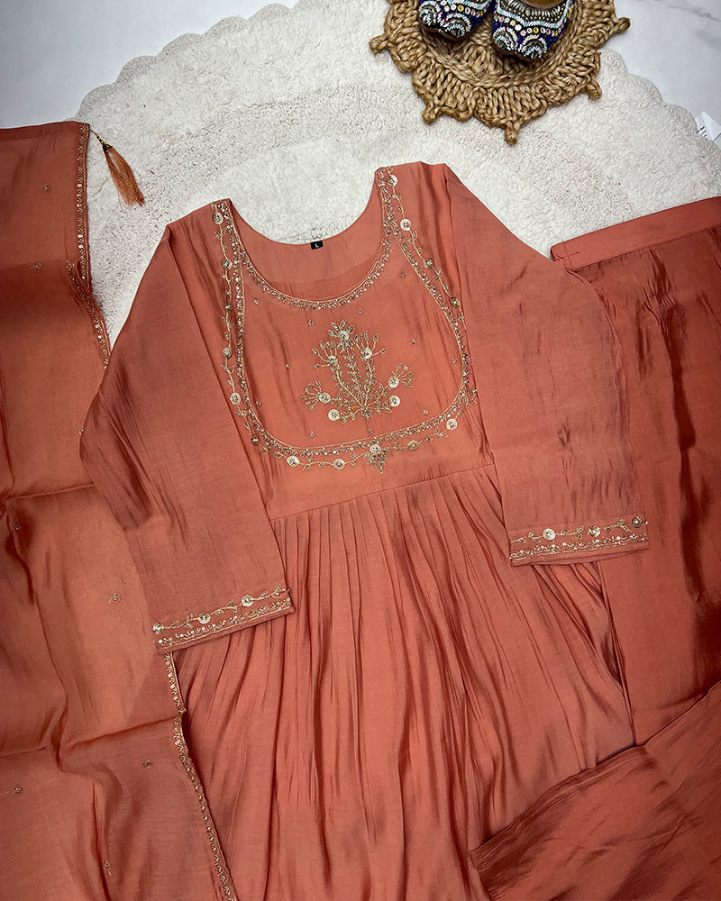 Peach Color Mal Cotton Three Piece Kurti Suit