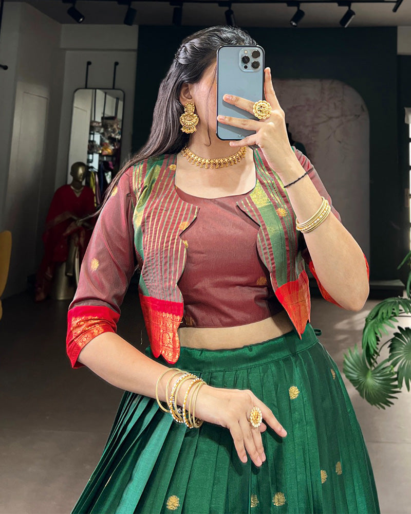 Green Color Poly Cotton Zari Weaving Lehenga Choli