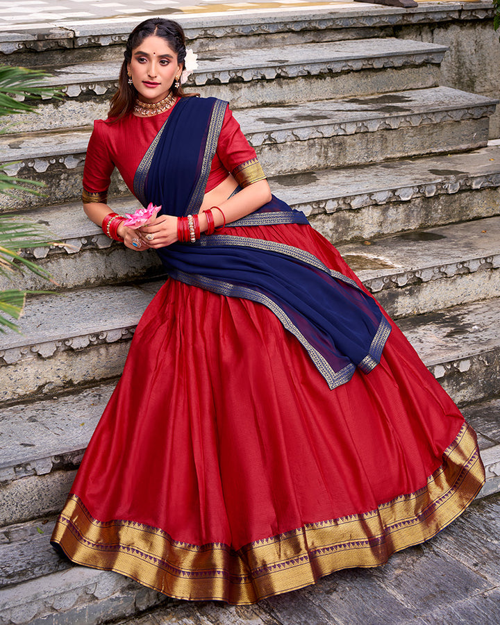 Designer Red Color Poly Cotton Half Saree