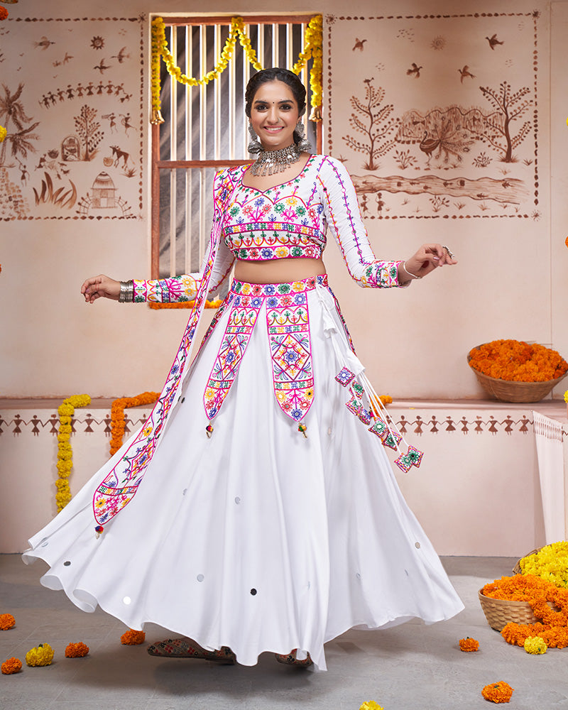 White Color Viscose Rayon Thread And Mirror Work Fully Stitched Navratri Lehenga Choli
