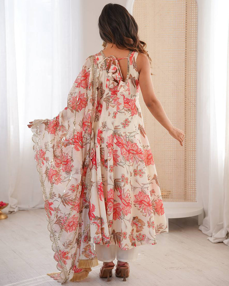 Off-White Color Pure Muslin Cotton Three Piece Anarkali Suit