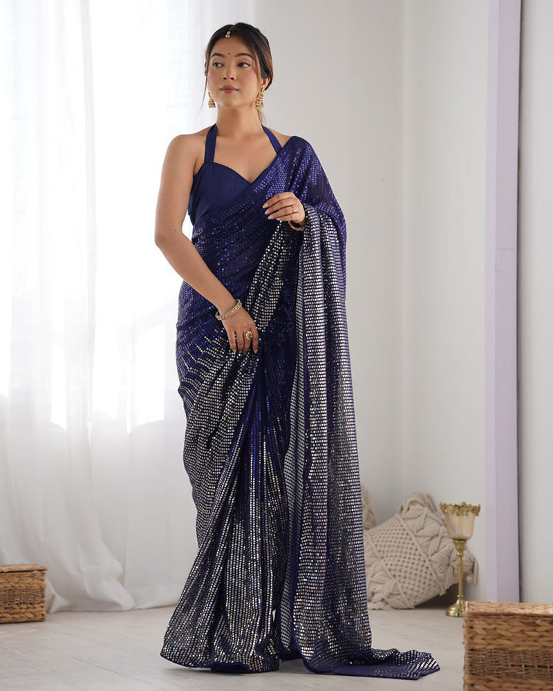Navy Blue Color Heavy Georgette Embroidered Saree