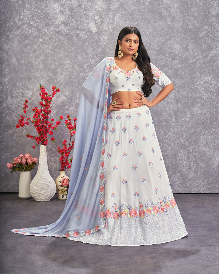 Pearl White Color Embroidered Georgette Semi Stitched Lehenga Choli