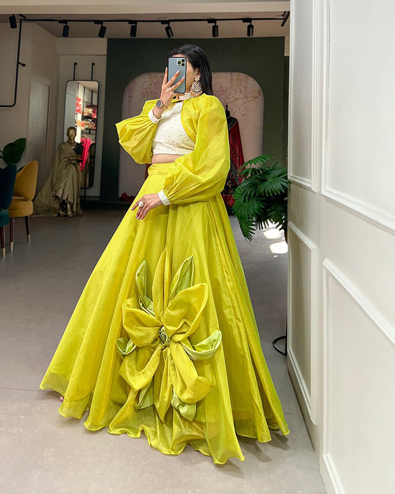 Rajwadi Chanderi Silk Two Color Fully Stitched Crop Top Lehenga Choli