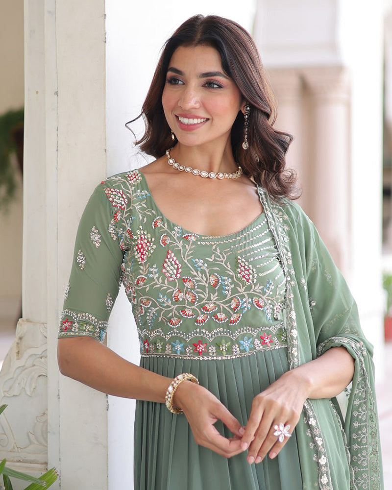 Pastel Green Color Faux Blooming Embroidered Gown