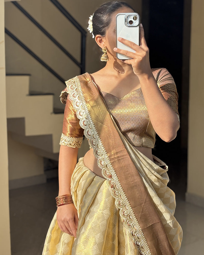 Golden Color Tissue Silk Zari Work Saree