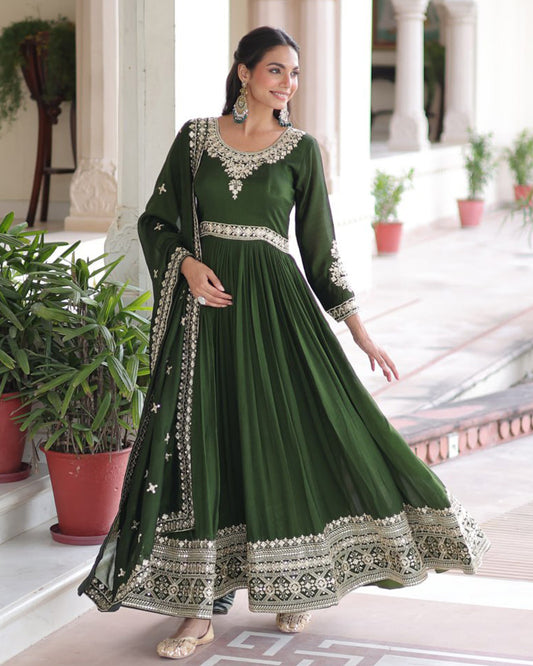 Mehndi Green Color Vichitra Silk Embroidered Gown