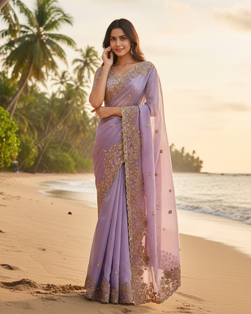 Maroon Color Space Silk Beads Embroidered Saree