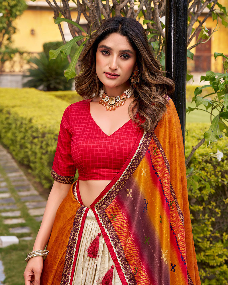 Red Color Tasar Silk Dye Printed Lehenga Choli