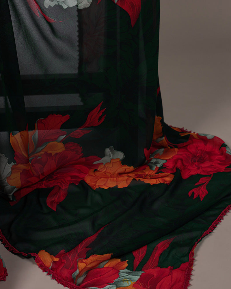 Red Color Weightless Marble Floral Printed Saree