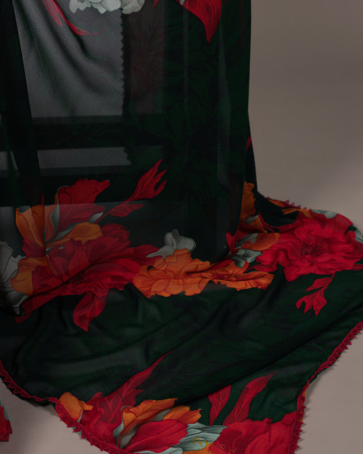 Red Color Weightless Marble Floral Printed Saree