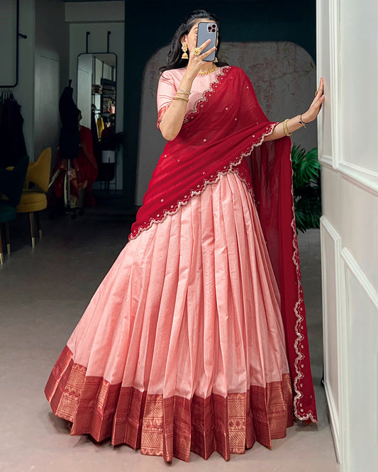 Peach Color Cotton Silk Designer Half Saree