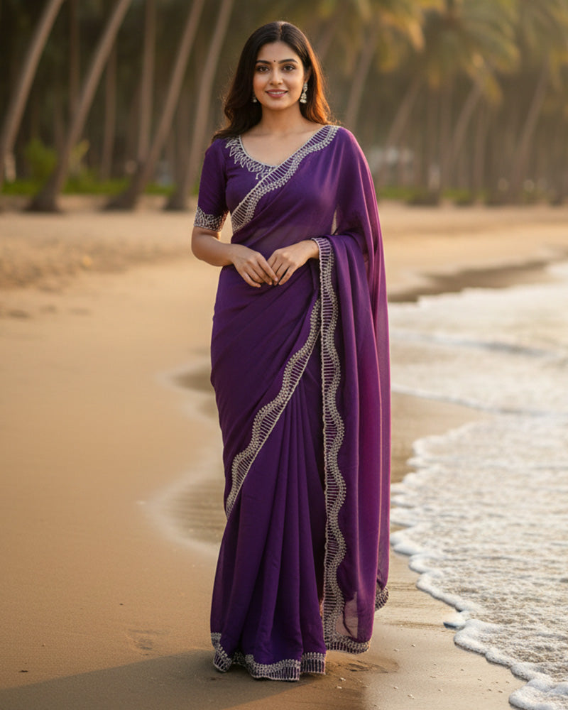 Maroon Color Space Silk Sequence Embroidered Saree