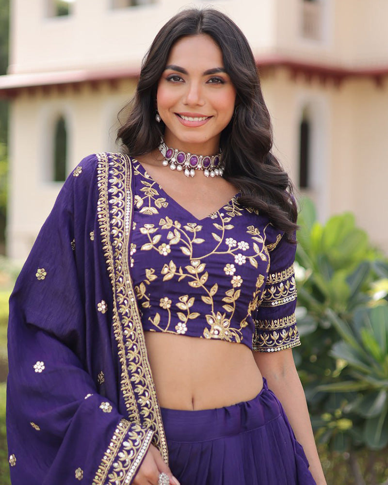 Royal Purple Color Vichitra Silk Embroidered Lehenga Choli