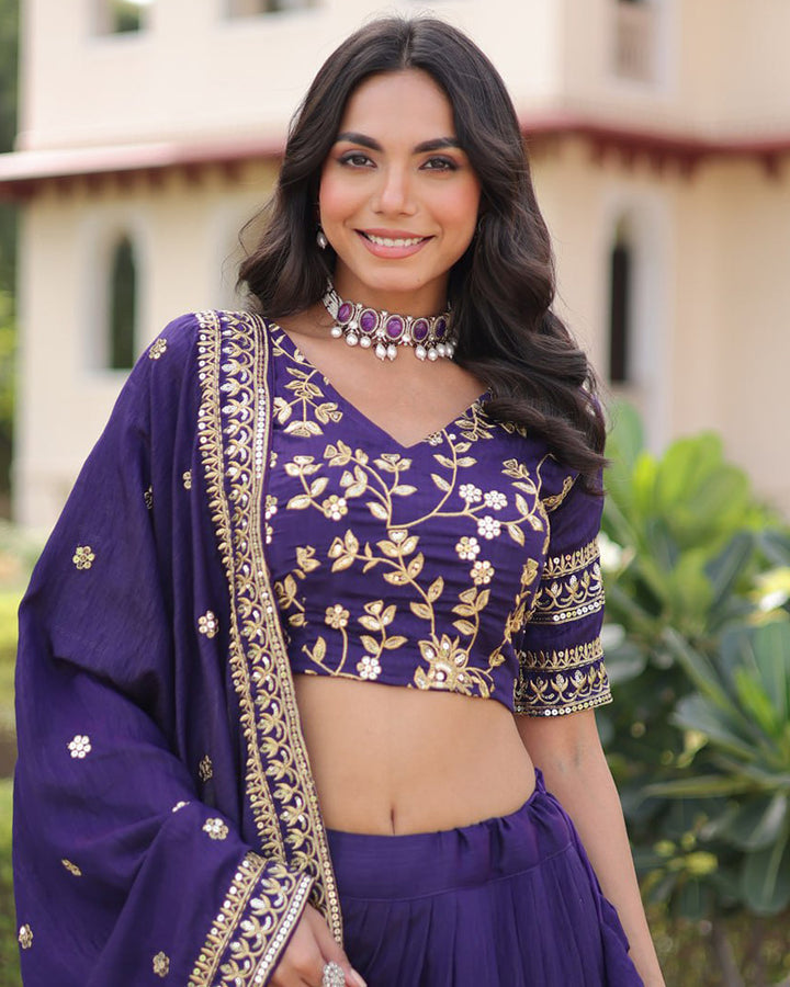 Royal Purple Color Vichitra Silk Embroidered Lehenga Choli