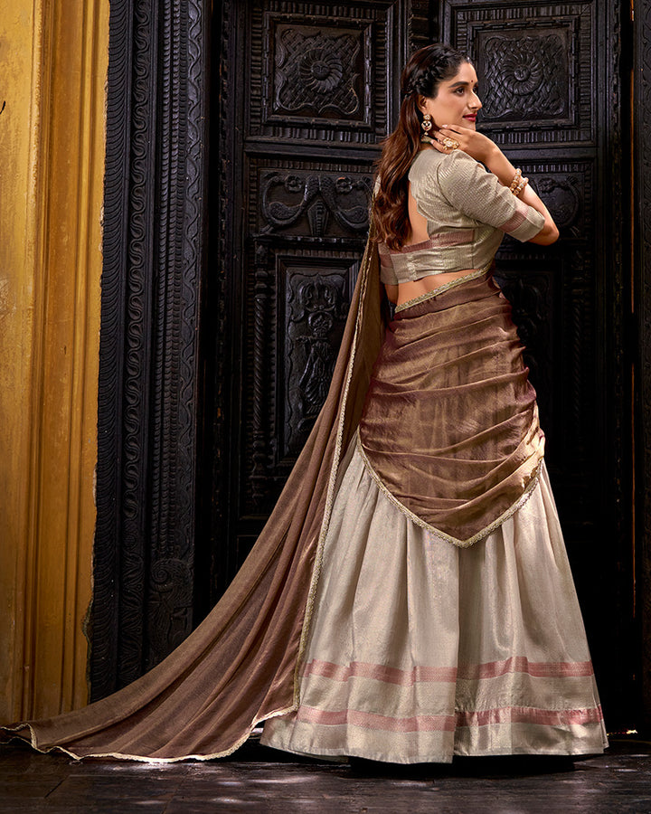 Cream Color Dupion Silk Zari Weaving Half Saree