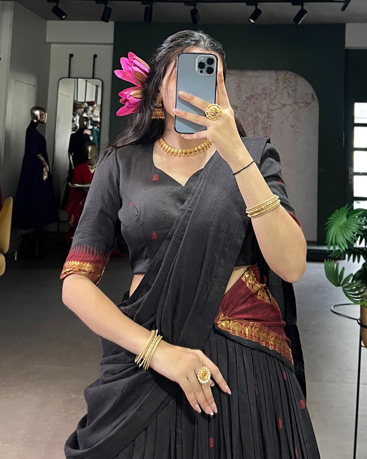 Elegant Black Pure Chanderi Half Saree With Zari Weaving