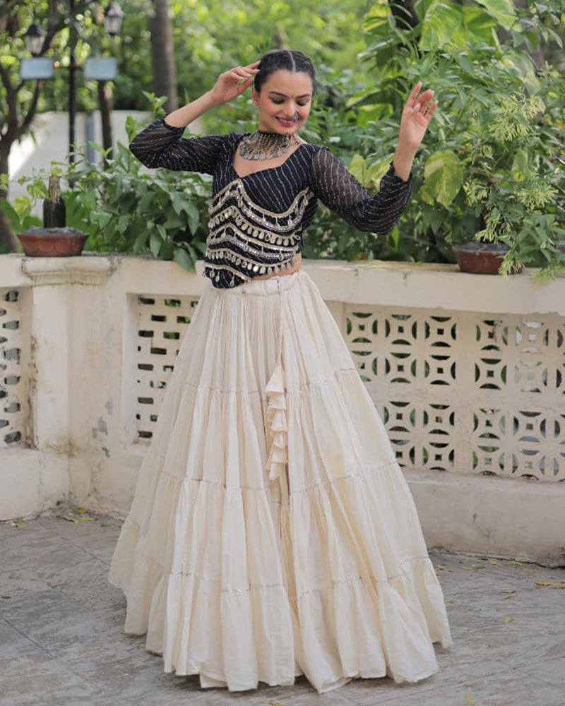 Black Color Laheriya Print Kurti With Kora Cotton Lehenga