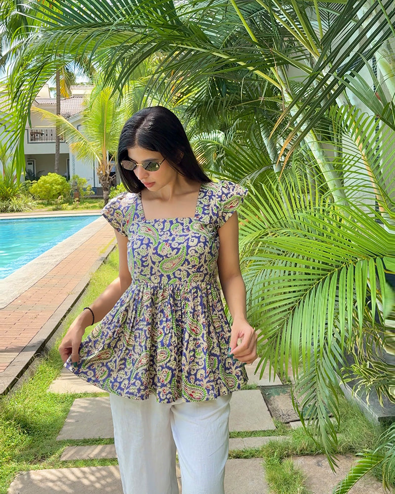 Blue Color Pure Cotton Kalamkari Printed Tunic