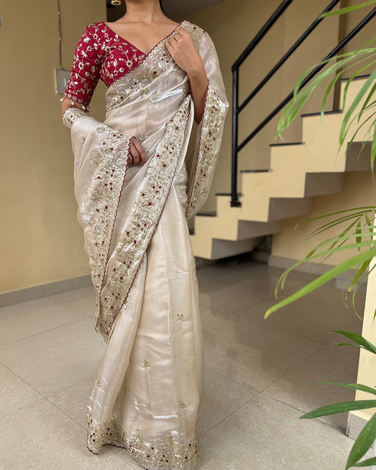 Cream Color Pure Soft Organza Saree