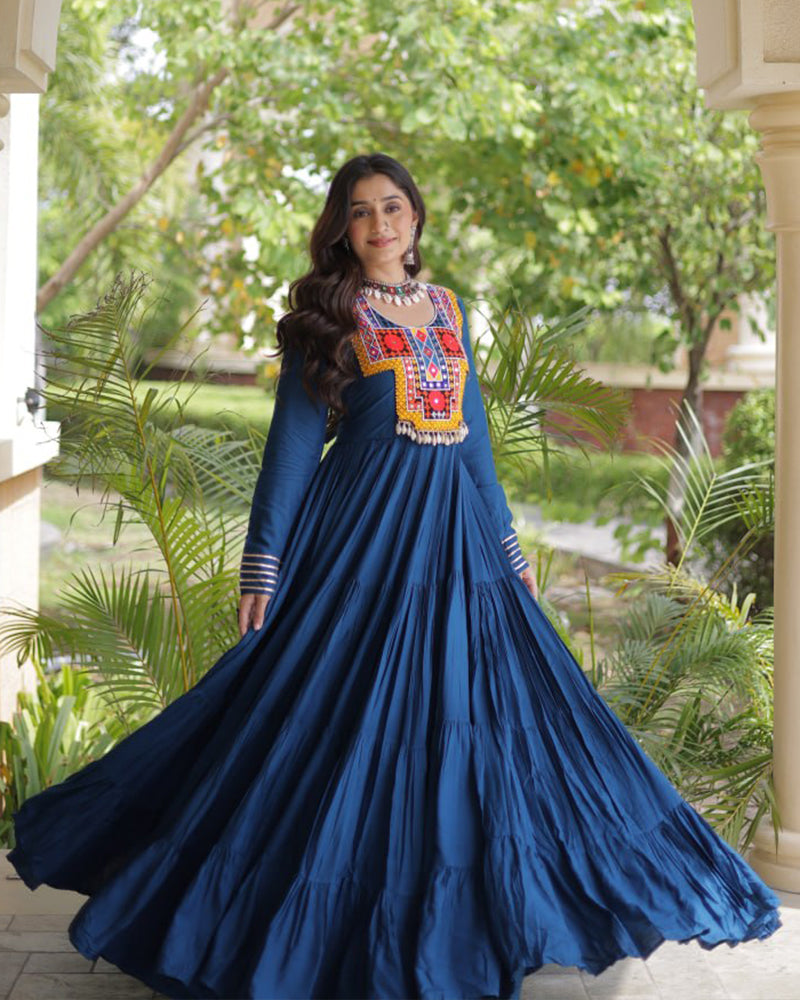 Three Color Rayon With  Kutchi Gamthi Embroidered Navratri Gown