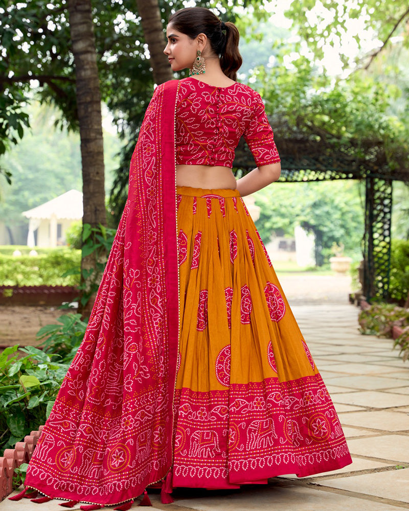 Mustard Color Tussar Silk Bandhej Printed Lehenga Choli