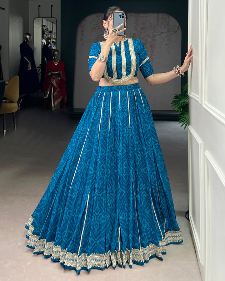 Firozi Color Chiffon Bandhej Printed Navratri Lehenga Choli