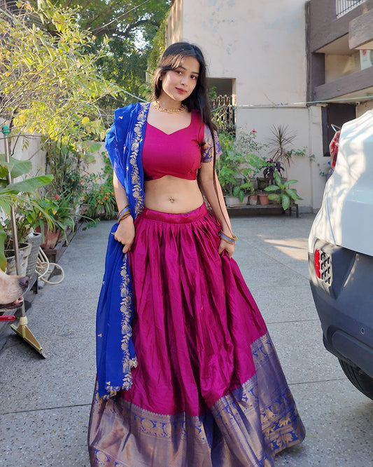 Khushi Maheshwari In Pink Color Narayan Pattu Silk Designer Half Saree