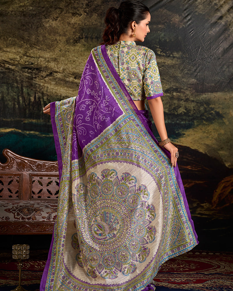 Purple Color Green Silk Fusion Printed Saree