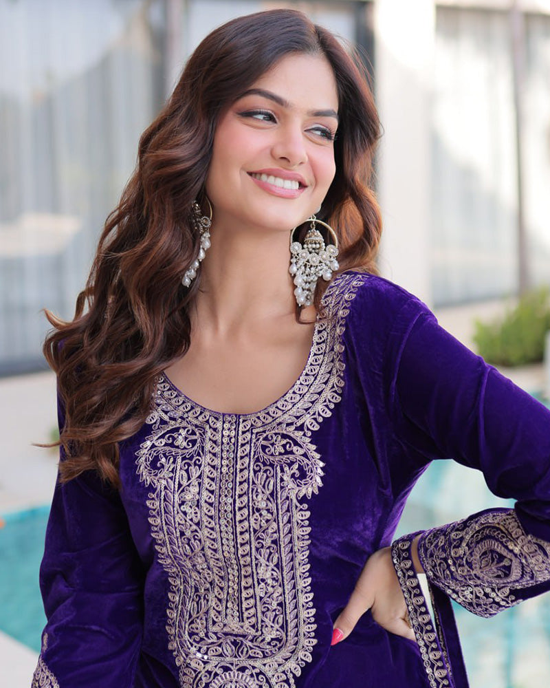 Purple Color Velvet Embroidered Kurti Suit