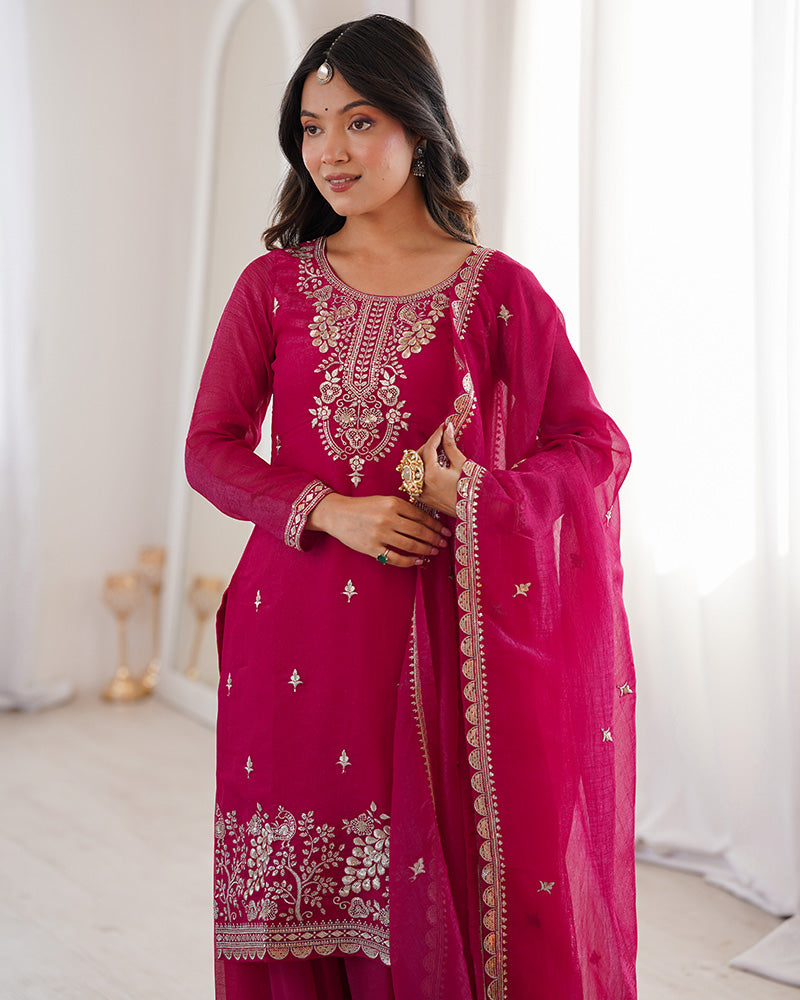 Rani Pink Color Soft Crunchy Silk Embroidered Plazzo Suit