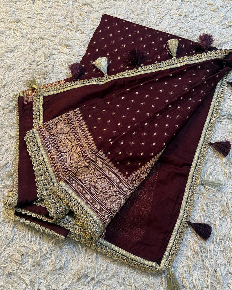Brown Color Banarasi Khadi Katan Georgette Silk Saree