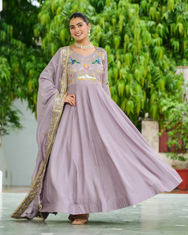 Lavender Color Vichitra Silk Sequence Embroidered Gown