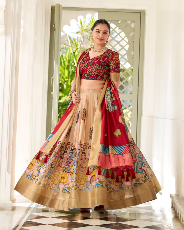 Cream Color Dola Silk Designer Kalamkari Print Lehenga Choli