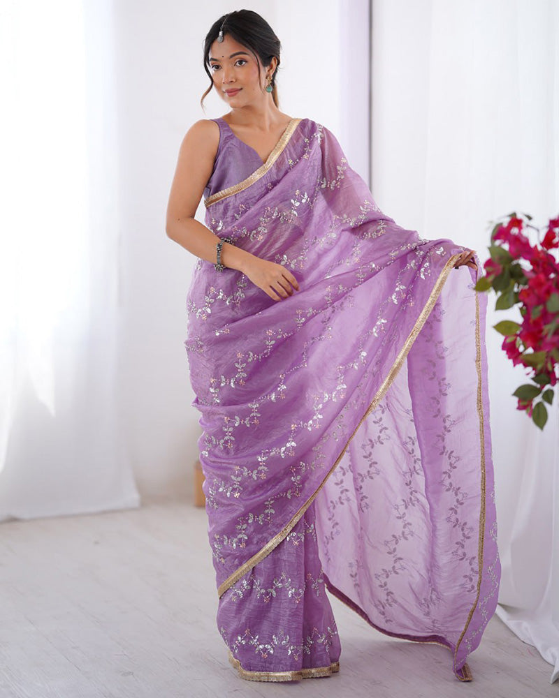 Lavender Color Smooth Gold Crush Embroidered Saree