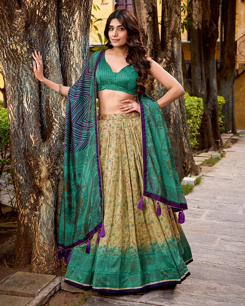 Firozi Color Vichitra Silk Printed Lehenga Choli