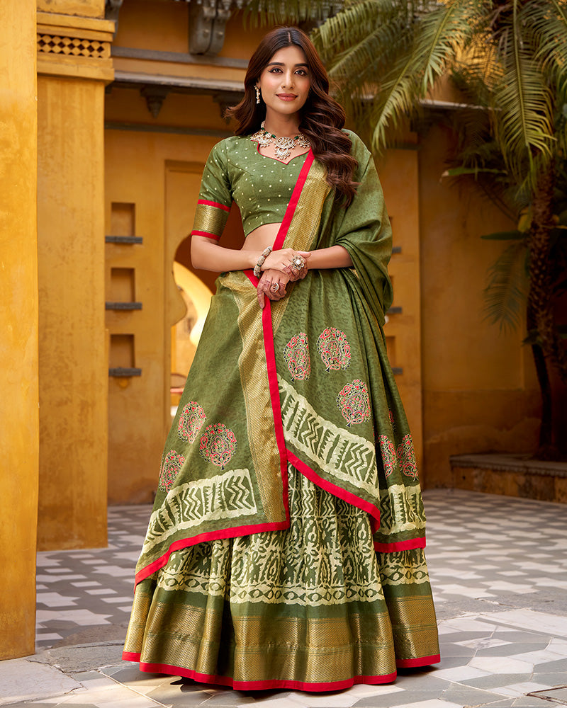 Mehndi Color Dola Silk Batik Printed Lehenga Choli