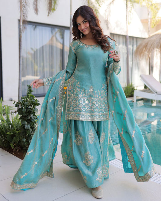 Sky Color Fendi Crush Embroidered Plazzo Suit