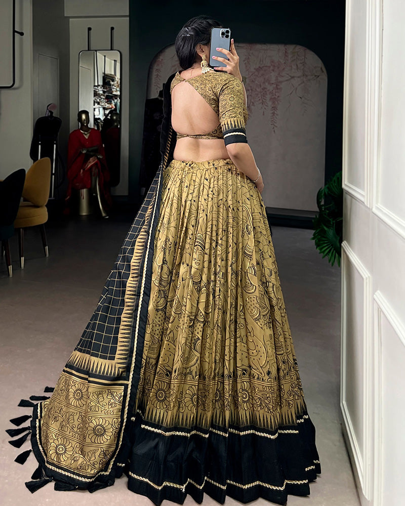 Gold Color Tasar Silk Kalamkari Printed Lehenga Choli