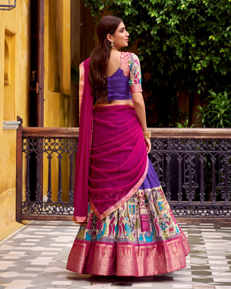 Purple Color Poly Chanderi Printed Half Saree