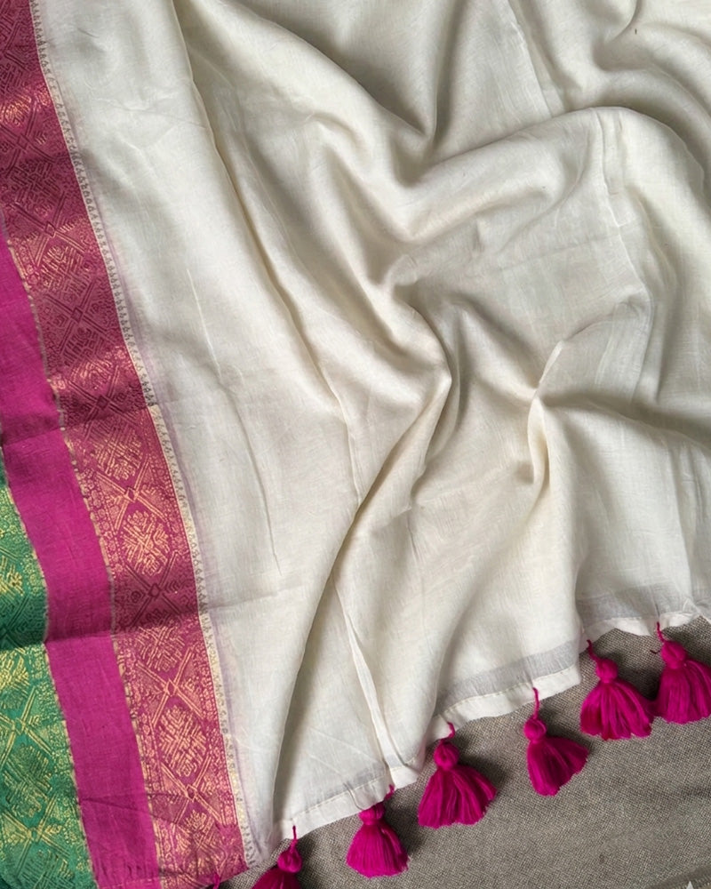 Elegance White Color Mal Cotton Kanchivaram Saree